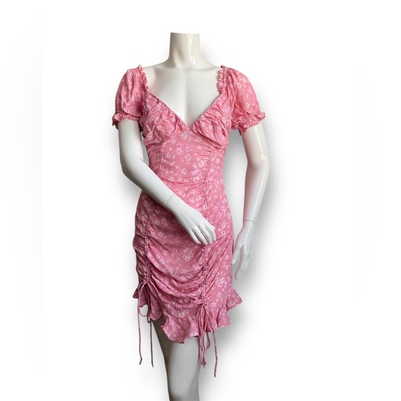 Sky to Moon Pink White Ditsy Floral Mini Cinched Dress Bodycon Retro Coquette M - Picture 8 of 8